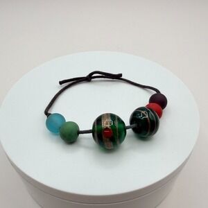 Vintage 80s Lampwork Glass Bead Cord Bracelet Multicolor Striped Classic Jewelry